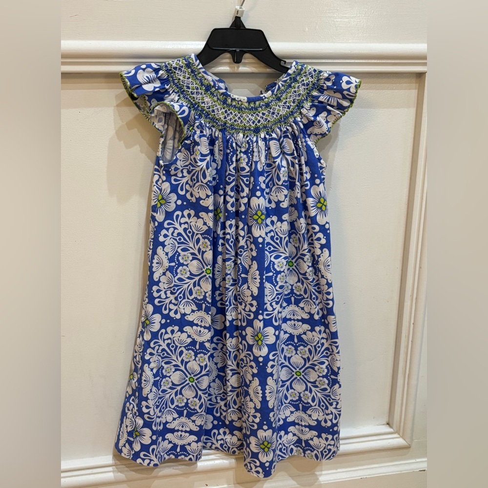 Girls 4T Blue and White Smocked Dress with Floral Pattern